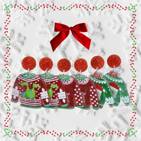 NWT 3 PC Set Of Glittery Fun Ugly Christmas Sweater Dangle Earrings - Picture 6 of 8